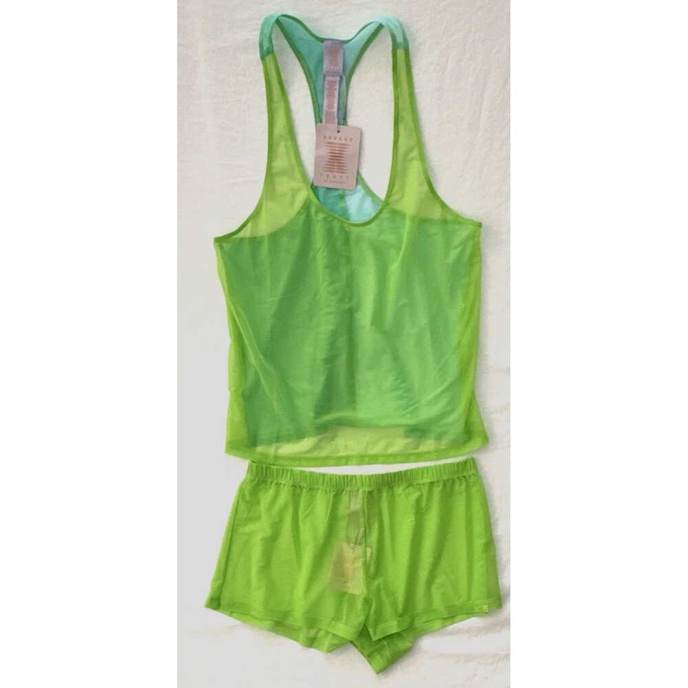 NWT Savage X Fenty Sheer Mesh Tank & Shorts 2pc Set Green/Blue Size S